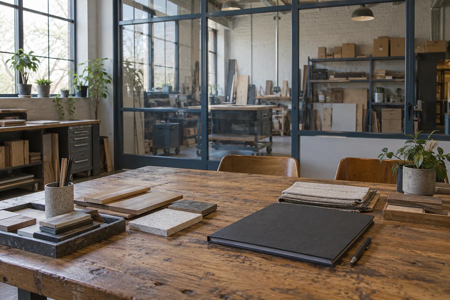 Material samples and a project binder on a worktable in a small fabrication studio