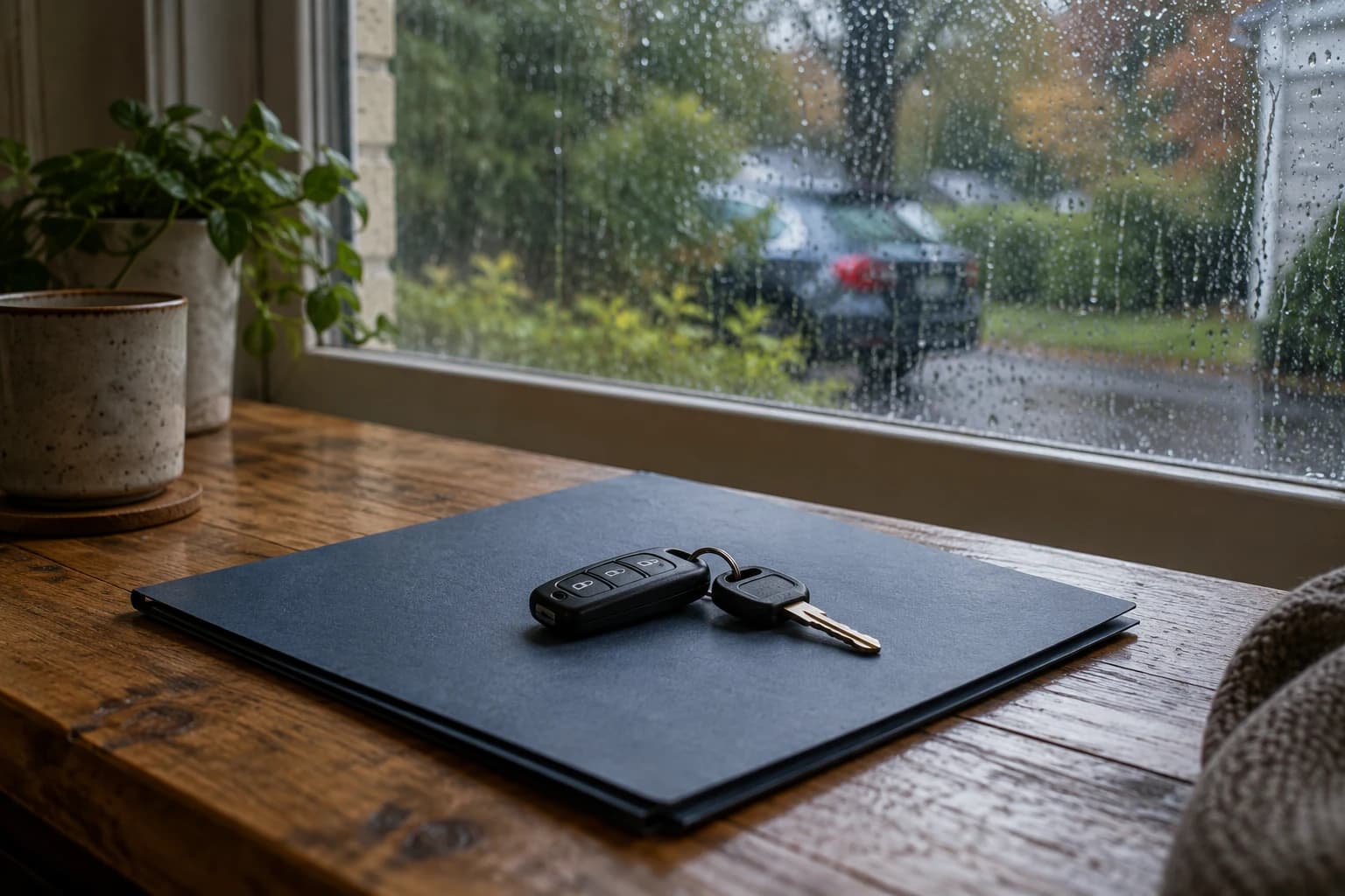 Car keys on a closed slate folder beside a rain-streaked window, with a parked car outside