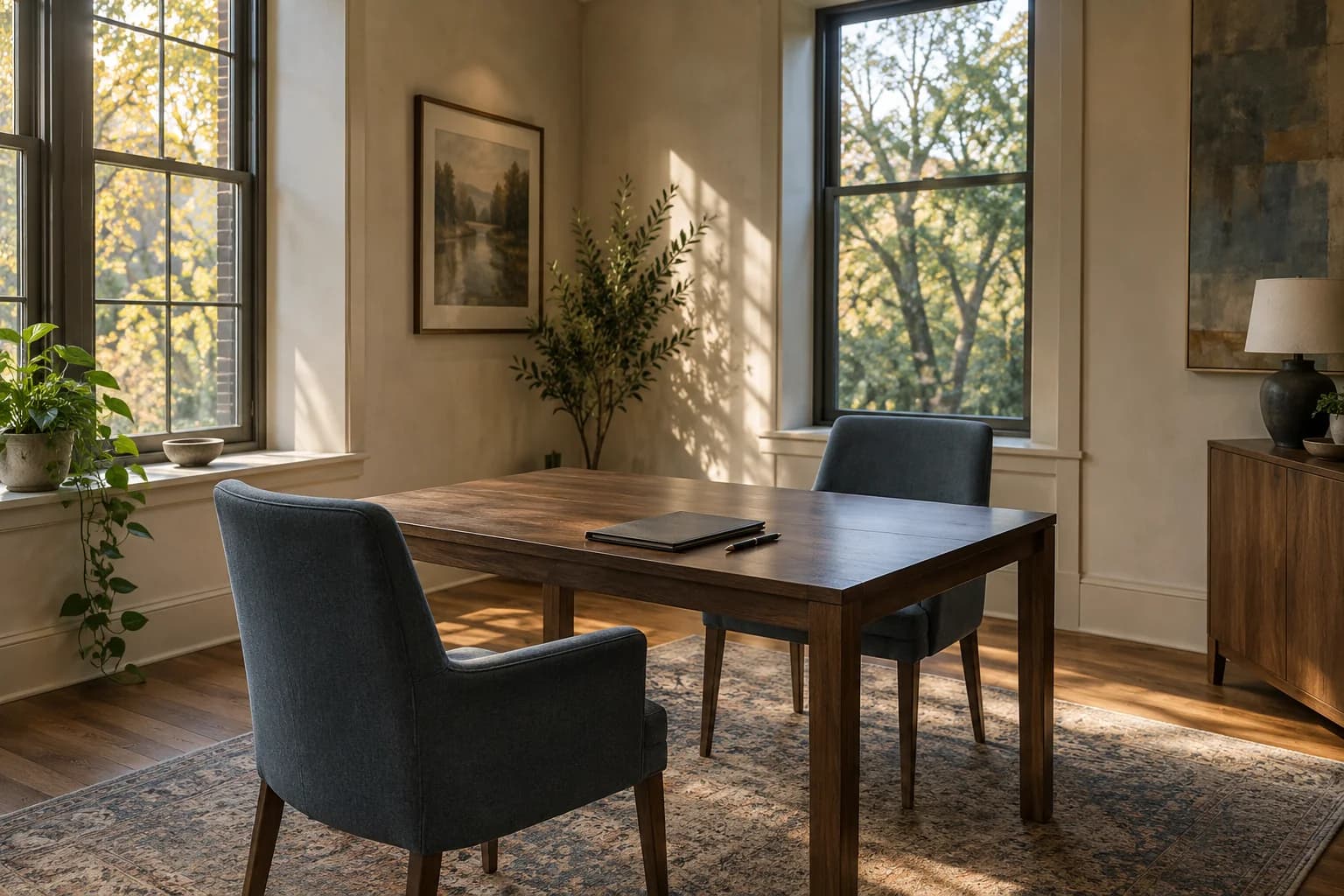 Two chairs and a closed case file in a private consultation room lit by a window
