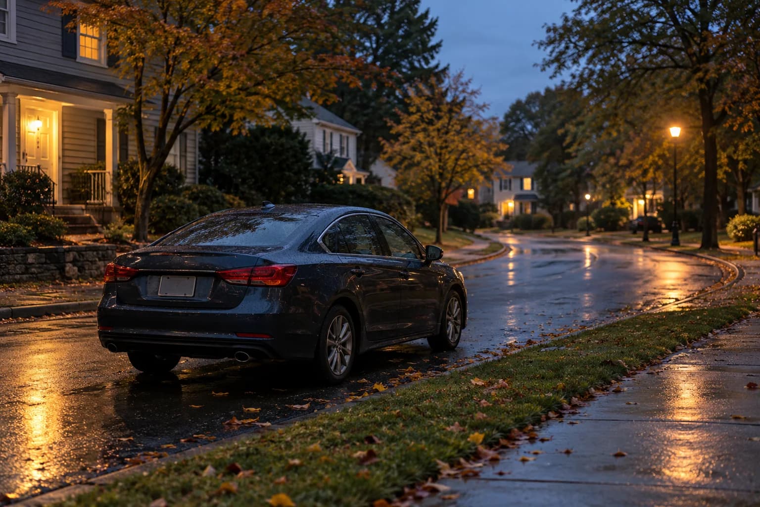 An unoccupied blue-gray car parked along a quiet residential street at dusk