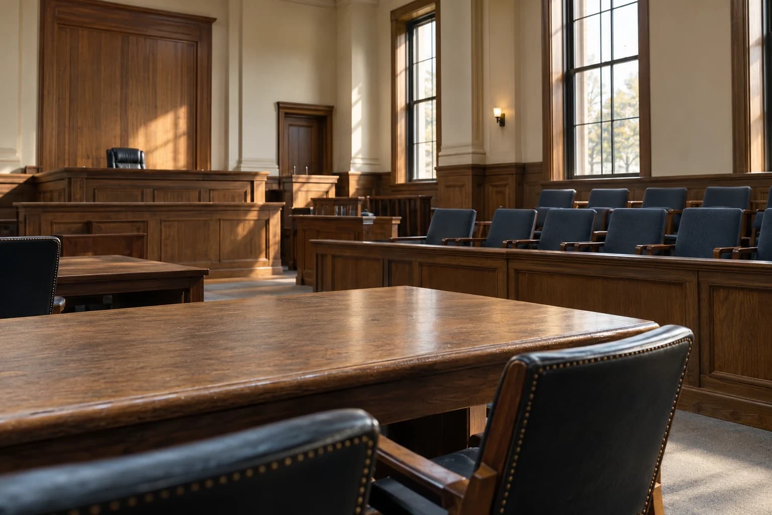 An empty oak-paneled courtroom viewed from the counsel table, with slate-blue jury chairs