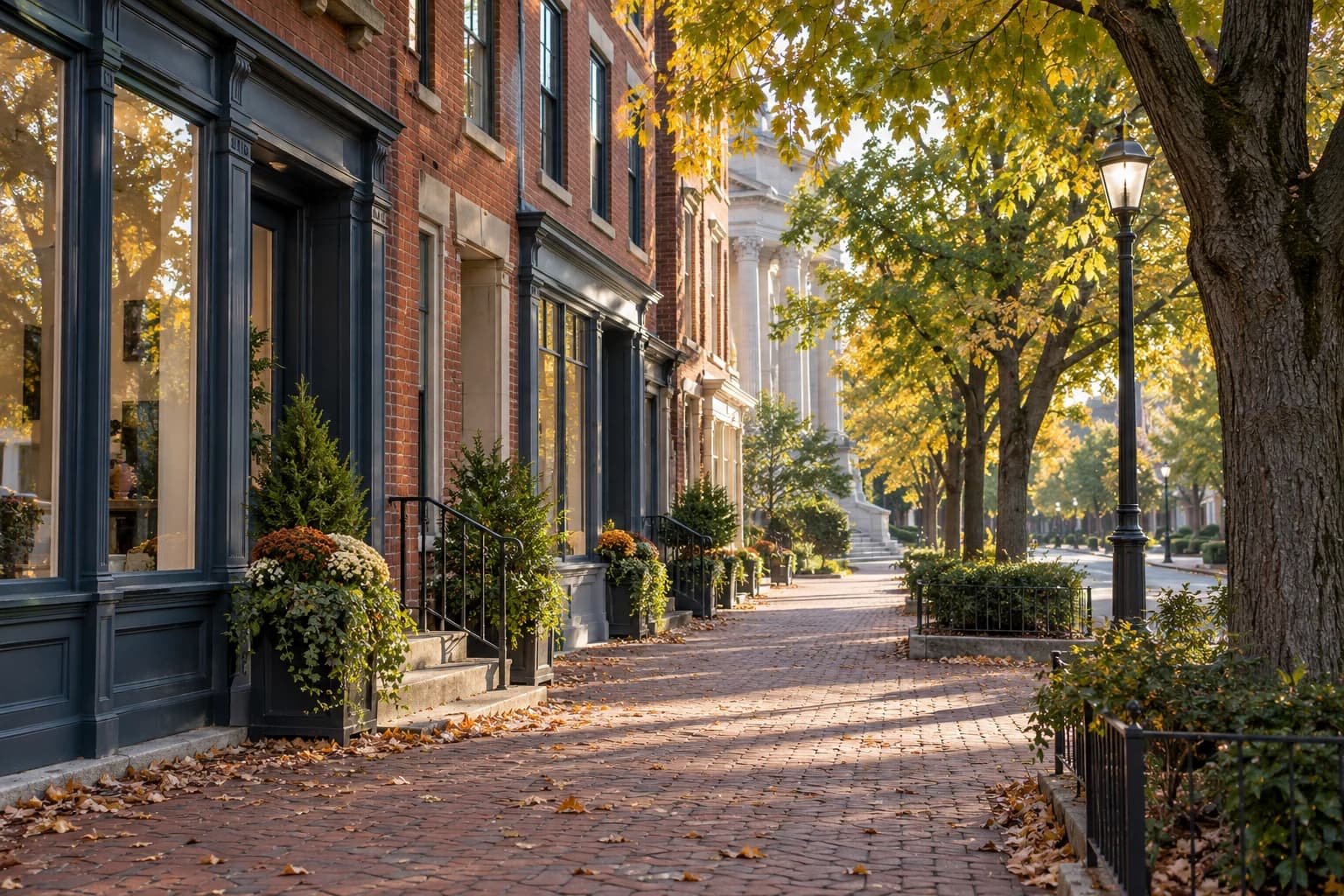 An illustrative tree-lined street with historic brick buildings in soft morning light