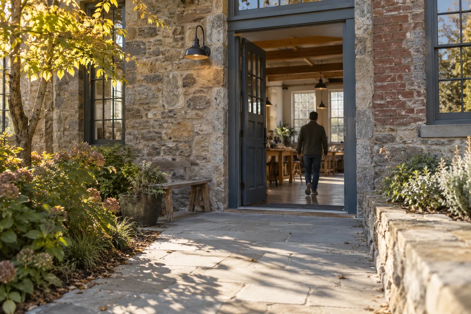 A person seen from behind entering a neighborhood community workshop