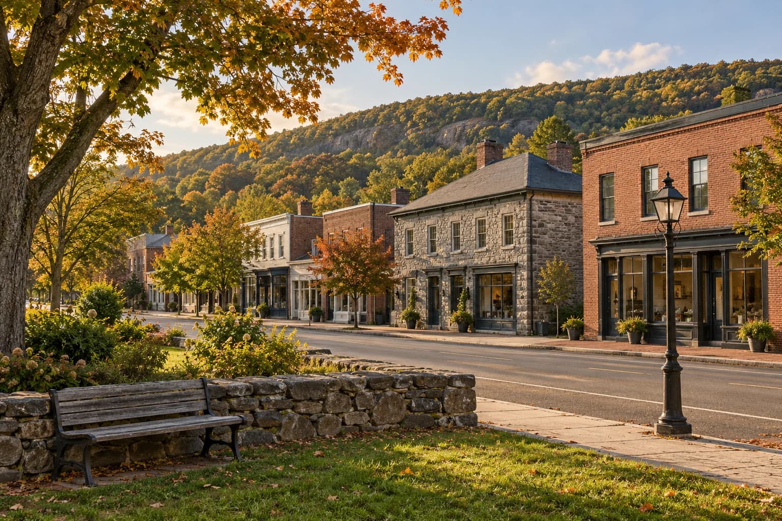 An illustrative small-town street with brick and stone buildings below wooded hills