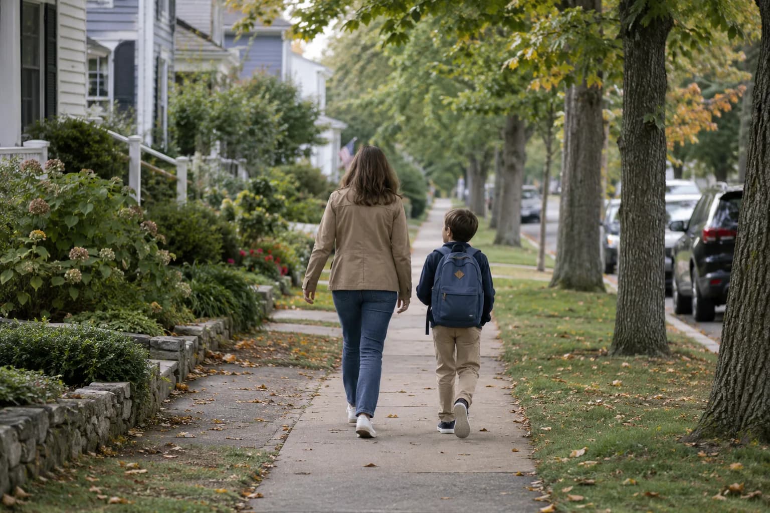A parent and child with a school backpack walking along a tree-lined residential sidewalk