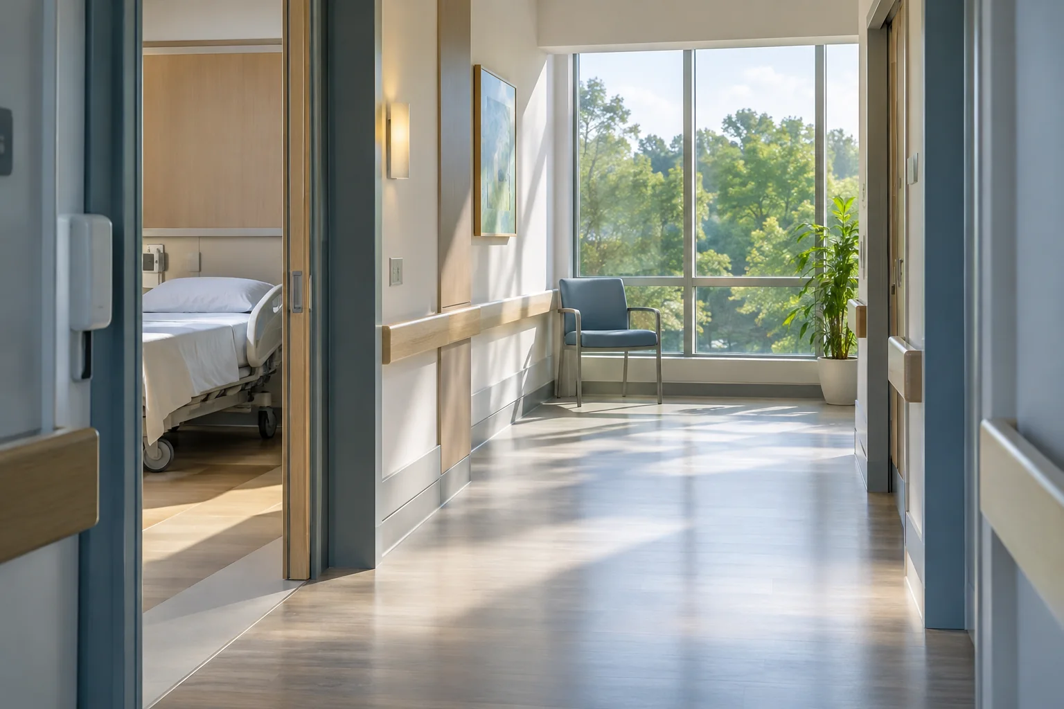 A sunlit hospital corridor with pale oak handrails and a blue visitor chair beside a window