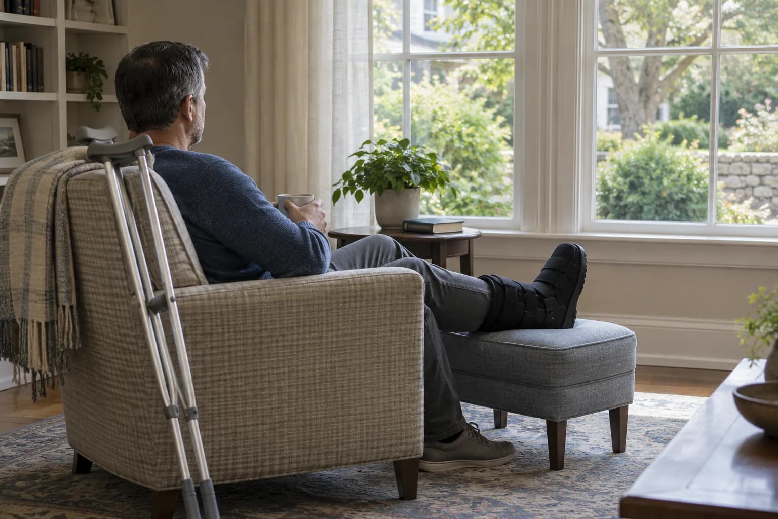 An adult resting at home with a walking boot and crutches beside their chair