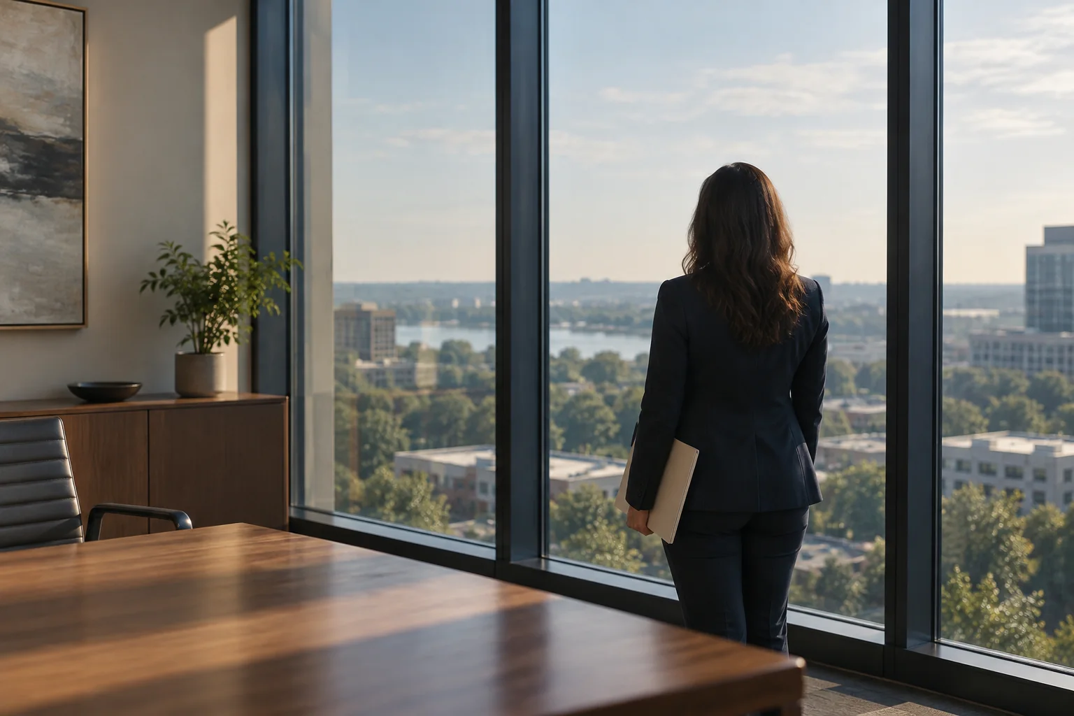 A professional holding a folder beside sunlit office windows, seen from behind