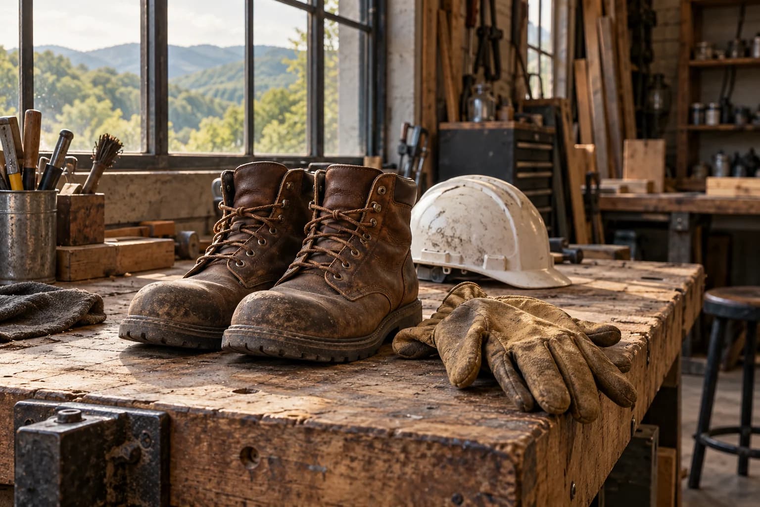 Work boots, gloves and a safety helmet resting in a sunlit workshop