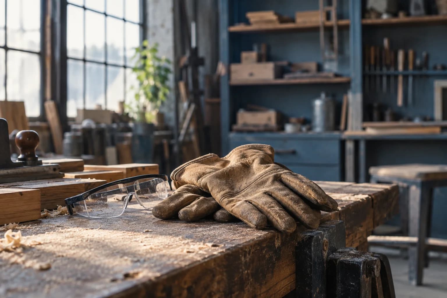 Worn work gloves and safety glasses resting on an oak workshop bench